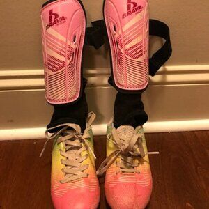 Brava Rainbow Soccer Cleats Size 10 and Pink Shinguards Bundle